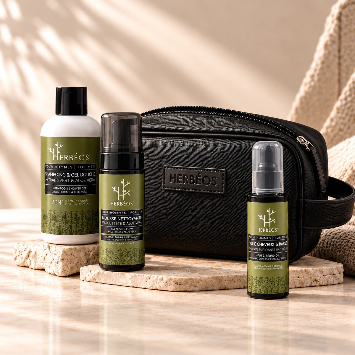 Kit soin homme barbe Herbéos : shampoing gel douche 2 en 1, mousse nettoyante, huile cheveux et barbe et trousse noire