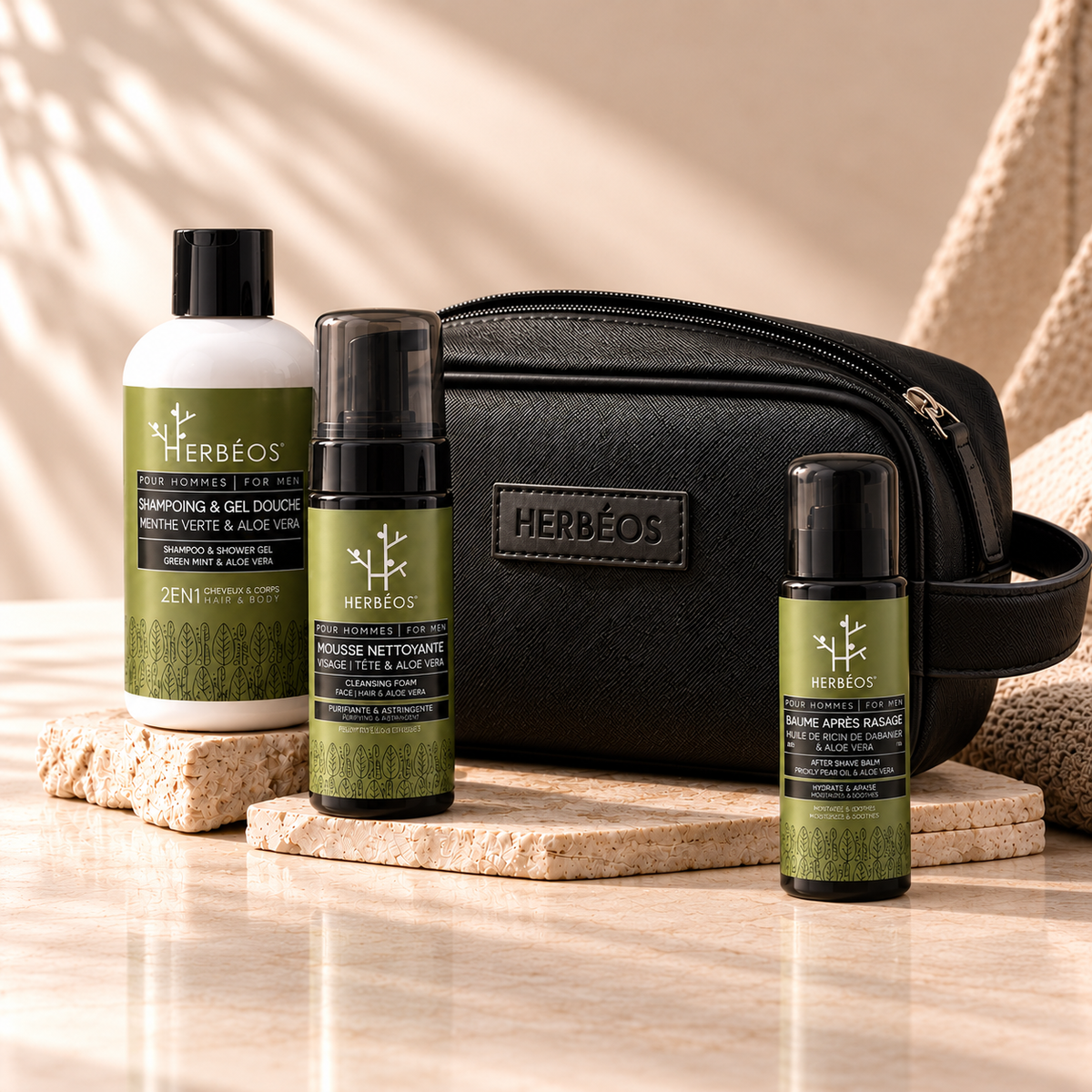 Kit soin homme barbe rasée Herbéos : shampoing gel douche 2 en 1, mousse nettoyante, baume après-rasage et trousse noire