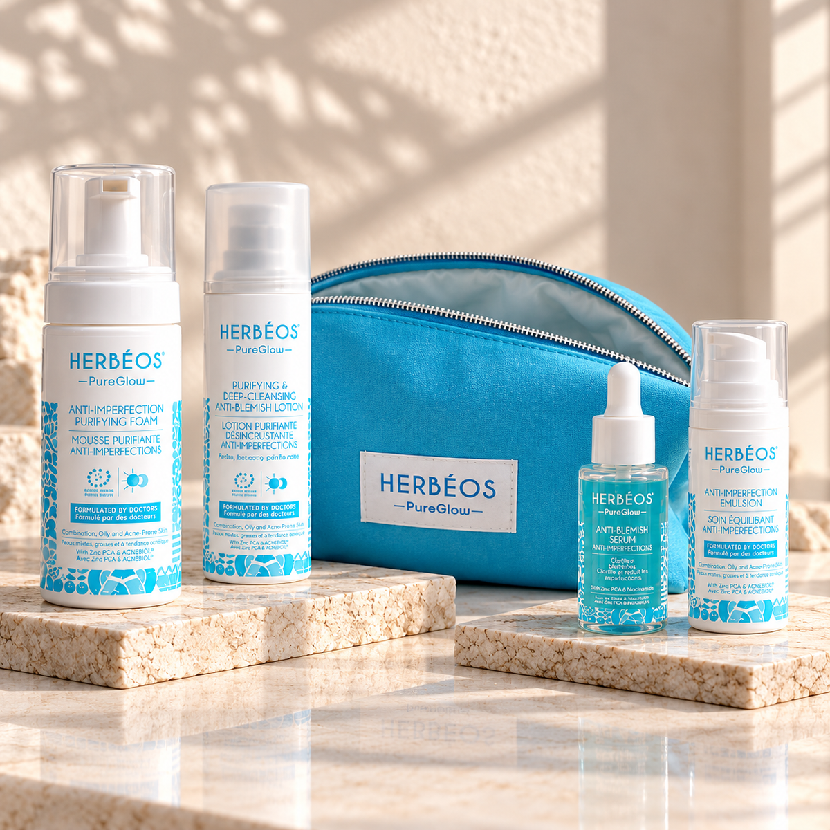 Kit Pure Glow Herbéos : mousse, lotion, sérum et émulsion anti-imperfections avec la trousse bleue Pure Glow
